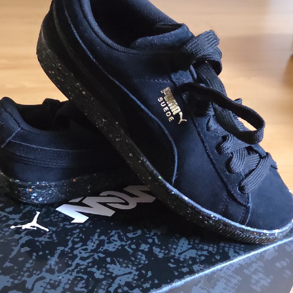 Puma Kids Black Suede Sneakers with Gold Accents
